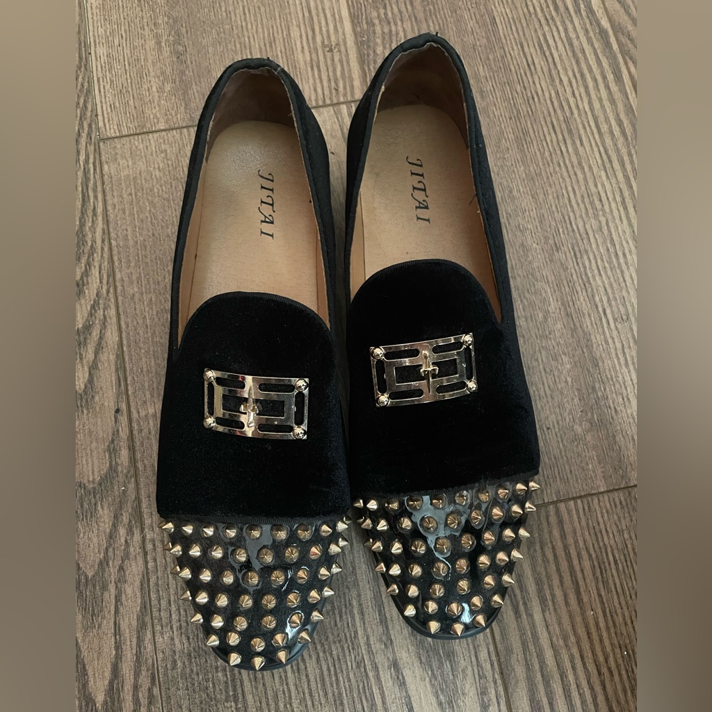 Black Velvet Loafers With Gold Accents